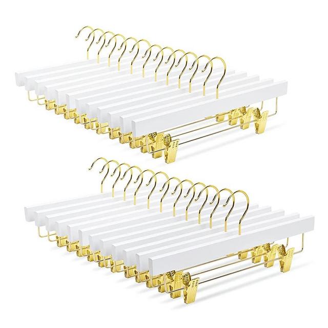 Amber Home 24 Pack White Wooden Pants Skirts Hangers with Gold Hook, Solid Wood Trousers Bottom Hanger with 2-Adjustable Clips, Gold Clip Hangers for Slacks, Jeans, Shorts (White+Gold, 24)