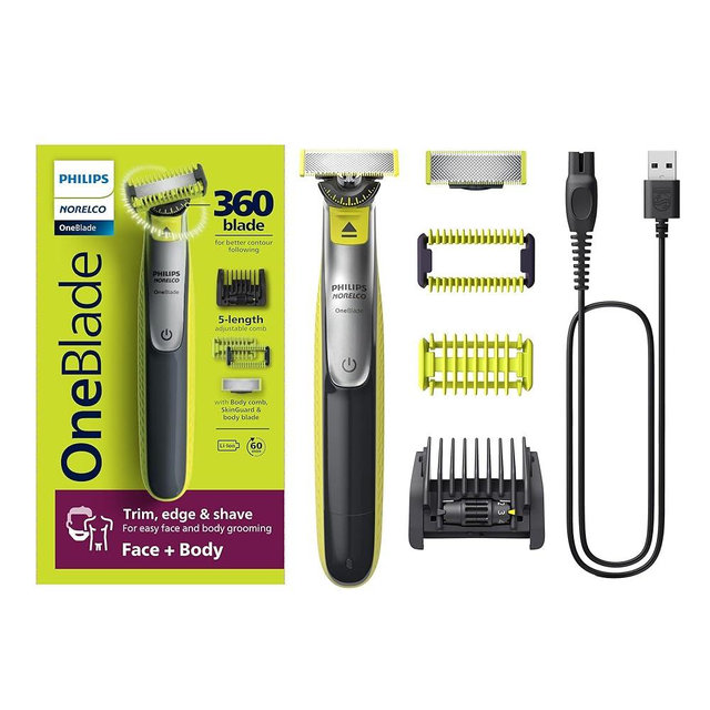 Philips Norelco OneBlade 360 Face + Body, Hybrid Electric Razor and Beard Trimmer for Men with 5-in-1 Face Stubble Comb and Body Hair Trimmer Kit, QP2834/70