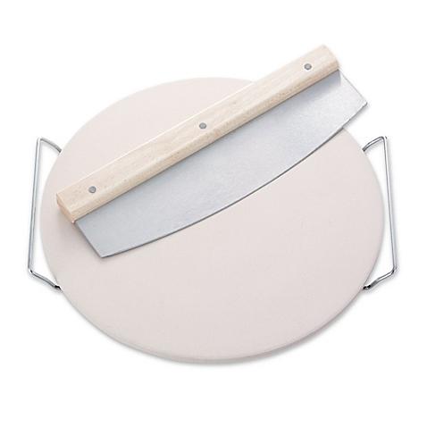 Leifheit Round Ceramic Pizza Stone with Carrying Tray and Large Slicer in Grey