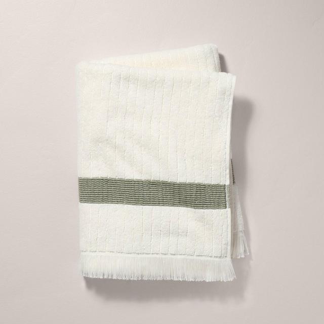 Textured Stripe Terry Bath Towel with Fringe Green/Cream - Hearth & Hand™ with Magnolia