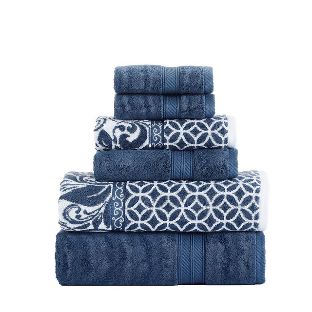 Modern Threads Reversible Yarn Dyed Jacquard 6 Piece Towel Set, Trefoil Filigree, Indigo