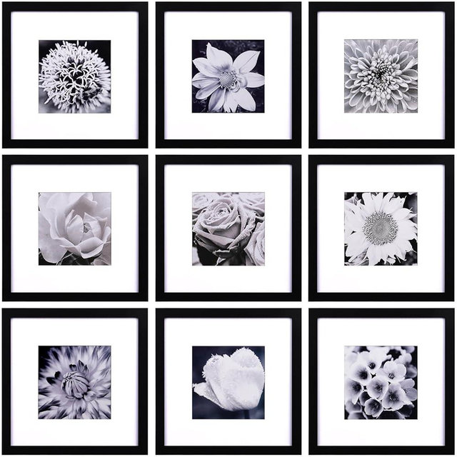 Yaetm 10x10 Picture Frames Black Set of 9, Square Photo Frame Displays 6x6 with Mat or 10x10 without Mat, Gallery Wall Frame Set, Multi Collage Frames for Wall Hanging