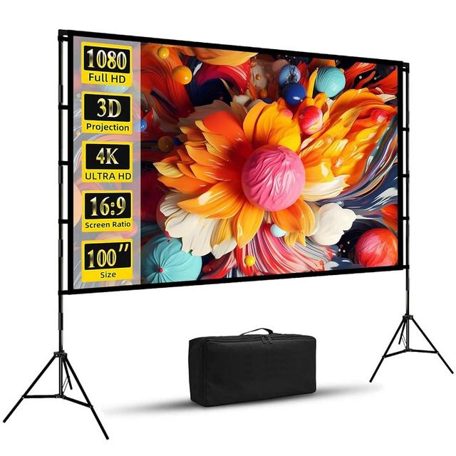 100 inch Projector Screen with Stand, Wootfairy Foldable and Portable Projection Screen 16:9 4K HD Rear Front Wrinkle-Free Movie Screen with Carry Bag for Indoor Outdoor Home Theater Backyard Cinema