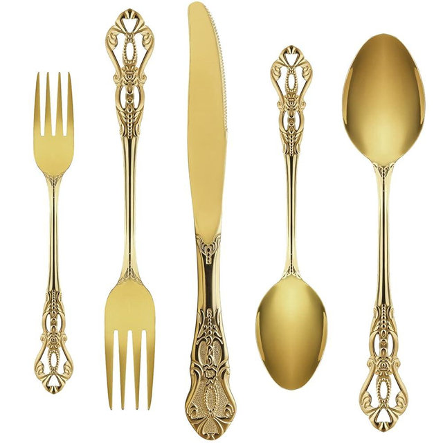 Gold Silverware Set for 8, Stainless Steel Gorgeous Retro Royal Flatware, 40-Pieces Cutlery Tableware, Kitchen Utensils Include Spoons and Forks, Mirror Finish, Dishwasher Safe