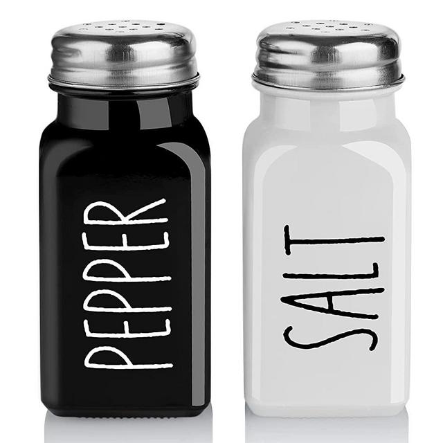 Salt and Pepper Shakers Set, Farmhouse Salt Shaker, Modern Farmhouse Kitchen Table Decor for Home Restaurants Wedding, Vintage Glass Black and White Shaker Sets with Stainless Steel Lid, 2.7oz Each