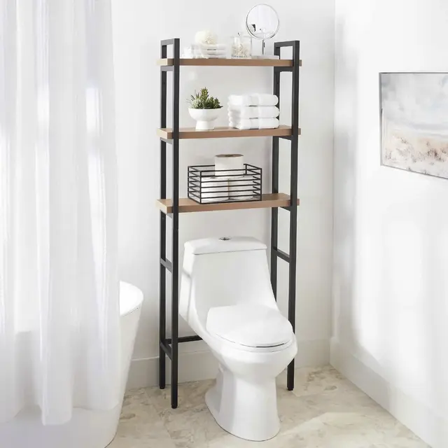 Better Homes & Gardens Jace 3-Shelf Over-the-Toilet Rack, Black Frame & Oak Shelves