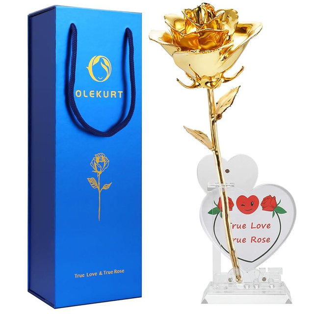 OLEKURT Golden Rose - Anniversary Gold Dipped Roses Gift for Wife Mom, Best Gift for Her Mother's Day Valentines Day Birthday（Gold Rose with Love Stand）