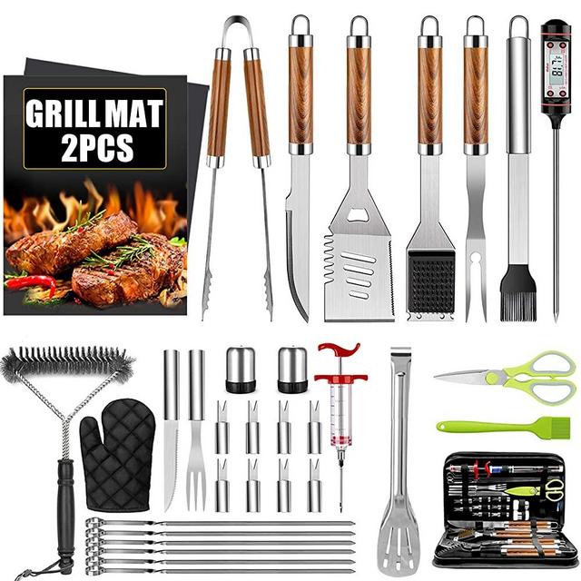 Taimasi 34Pcs BBQ Grill Accessories Tools Set, Stainless Steel Grilling Tools with Carry Bag, Thermometer, Grill Mats for Camping/Backyard Barbecue, Grill Tools Set for Men Women