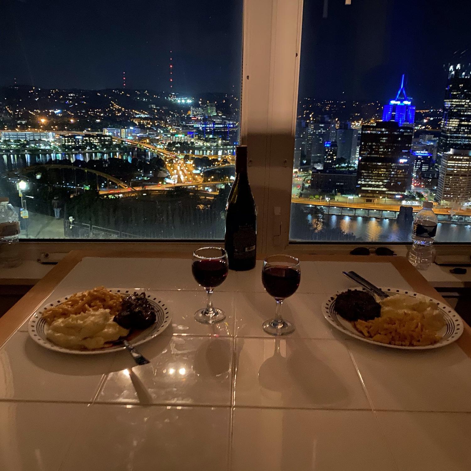 Dinner at our airbnb in Pittsburgh, grand view!