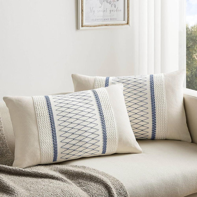 ZeeMart 2 Packs Cotton Boho Lumbar Throw Pillow Covers 12x20 Inch Grid Blue, Soft Farmhouse Decorative Couch Pillow Cases Blue Cushion Covers for Sofa Bed Living Room Home Decor