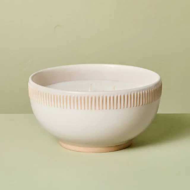 3-Wick Rim Stripe Ceramic Citronella Bowl Candle 20oz Cream - Hearth & Hand™ with Magnolia