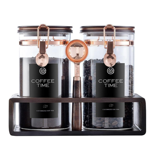 ARTIFORM Glass Coffee Canister Set, 2-Piece Coffee Container for Bean Storage, Sealing, Coffee Bar Accessories, Shelf for Kitchen Organization (Acacia wood quality, 1)