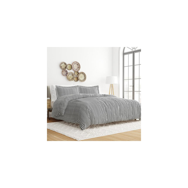 Stripe Pattern Premium Ultra Soft Duvet Cover Set, Easy Care - Becky Cameron , Ribbon / Gray, King/California King