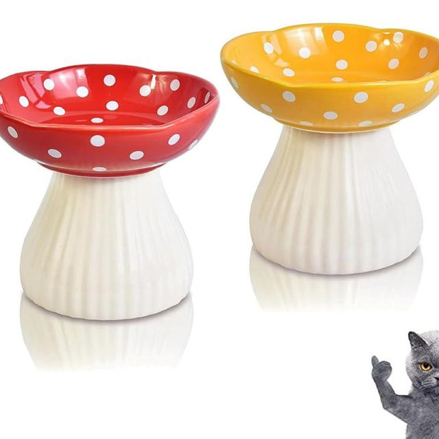 Mushroom Cat Bowl,Whisker Fatigue Cat Bowl,Cute Cat Bowls,Elevated Cat Food Bowl, Lead & Cadmium Free Ceramic Cat Bowls for Food and Water. (Red+Yellow)