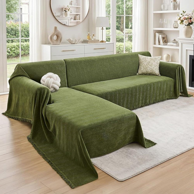 CAPALOCA Sectional Couch Covers 2 Pieces, Chenille L Shaped Couch Cover Blanket for Sectional Sofa with Herringbone Pattern Washable Sofa Slipcovers (X-Large: 71" x 110" + 71" x 118", Green)