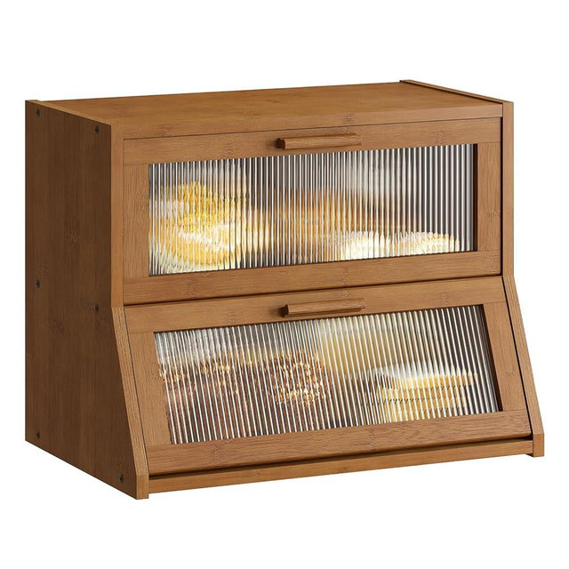 GHWIE Double Layer Bamboo Bread Box for Kitchen Counter,Large Capacity Bread Storage Bin,Bread Container with Acrylic Wavy Door Panel (Brown, Medium)