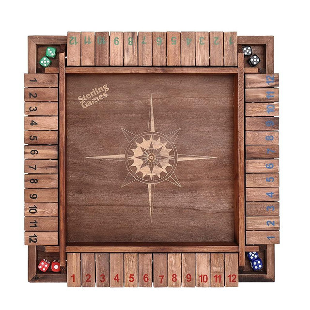 Sterling Games 12 Inches Shut The Box Game for 4 Players, Family Dice Game with 12 Numbers Box, Nautical Themed Large Wooden Game Board