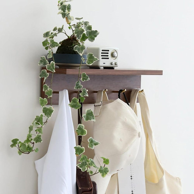 XAOMLP 5-Hook Wall Mounted Coat Rack with Storage Shelf - Multi-Functional Key & Jacket Hanger for Entryway, Walnut Finish, Style D-1