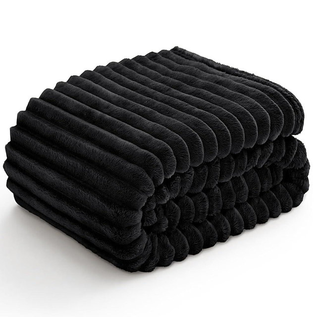 BEDELITE Fleece Throw Blanket for Couch - 300GSM Soft & Warm Fluffy Black Blanket, Decorative and Giftable Striped Blankets for Women, Men, 50"x60"
