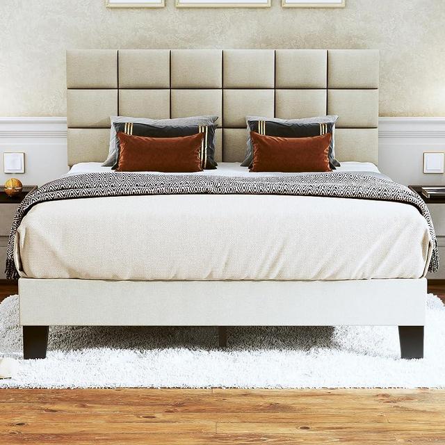 Fluest Queen Bed Frame Upholstered Bed Frame Platform with Adjustable Headboard Linen Fabric Tufted Headboard Wooden Slats Support, No Box Spring Needed, Easy Assembly, Mattress Foundation, Beige