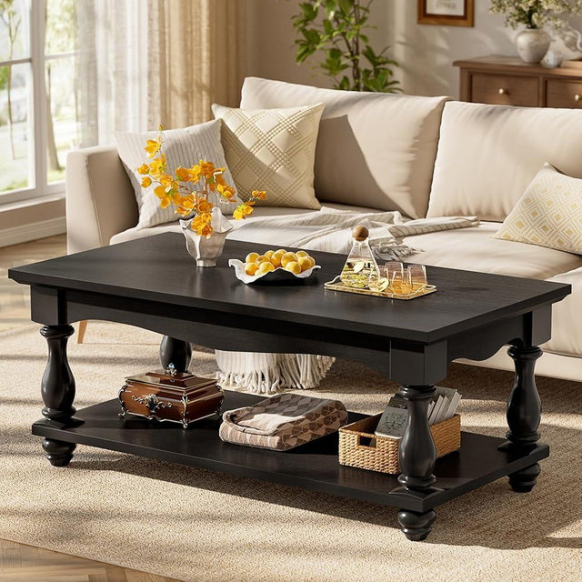 Besiost Farmhouse Coffee Table with Storage, 47 inch Modern 2-Tier Black Coffee Table with Solid Wood Legs, Mid Century Coffee Tables for Living Room