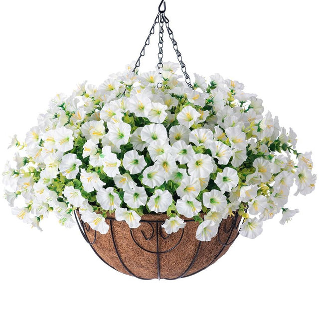 Artificial Fake Hanging Flowers Plants Baskets Spring Outdoor Decor, Outdoor Faux Silk White Morning Glory Eucalyptus in Planter UV Resistant Realistic for Outside Porch Patio Balcony Garden Yard Home