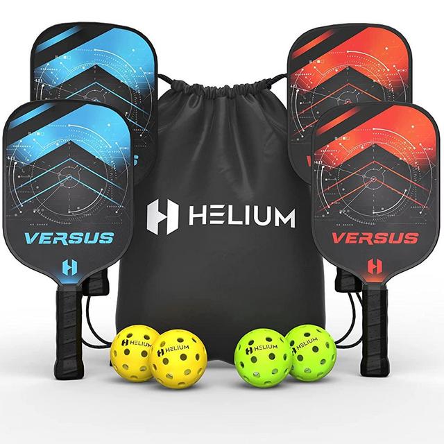 Helium Versus 4-Pack Pickleball Bundle - Honeycomb Core, Graphite Strike Face, Premium Comfort Grip - Set of Four Paddles, 2 Green Indoor Balls, 2 Yellow Outdoor Balls & Drawstring Bag