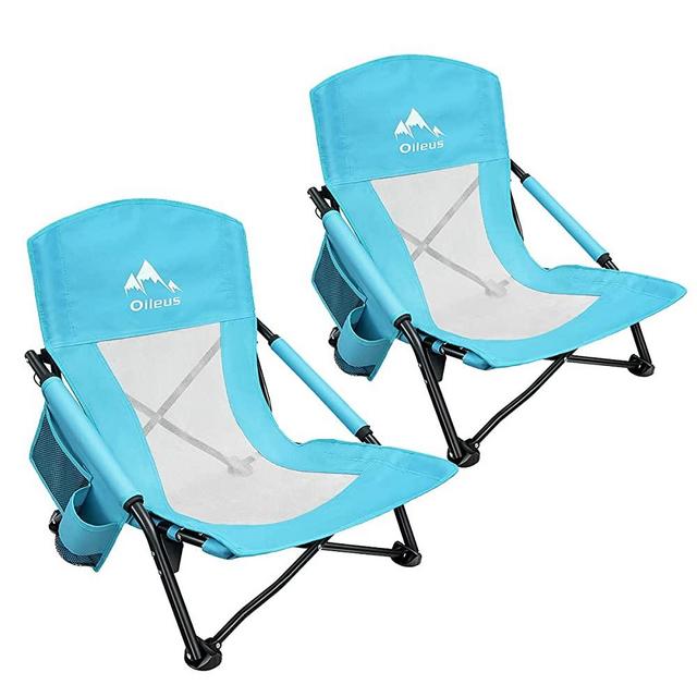 Oileus Low Beach Chair for Beach Tent & Shelter & Camping | Outdoor Ultralight Backpacking Folding Recliner Chairs with Cup Holder & Storage Bag, Carry Bag, Breeze Mesh Back, Compact Duty Blue 2 Pack