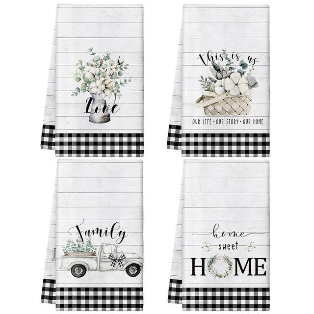 CHENGU 4 Pack Rustic Kitchen Towels Farmhouse Dish Towels for Kitchen Absorbent Watercolor Greenery Truck Hand Towel Reusable Cleaning Decorative Tea Towels for Cooking Baking