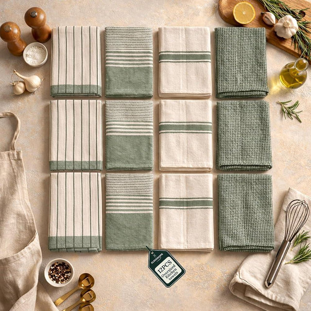 CLOUDSCAPE Kitchen Towels 12 Set 18”x28” Cotton Blended Hand Towels with Hanging Loop - Quick-Drying Dish Towels for Kitchen Set, Highly Absorbent, Dish Cloths Set for Washing Dishes - Sage Green