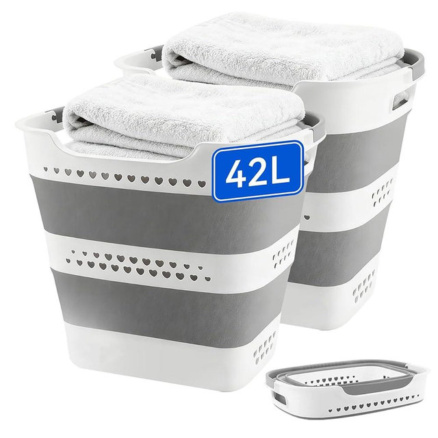 ZAUNFOOY 2 Pcs 42L Collapsible Plastic Laundry Basket Hamper with Handles, Foldable Laundry Basket, Pop Up Storage Container Organizer for Washing Storage