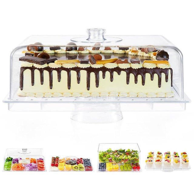 Cake Stand with Lid-Extra Large 17" Rectangular Cake Holder,8-in-1 Multi-Functional Dessert Table Display Set & Charcuterie Board,Acrylic Cake Plate Dome Cover for Weddings/Cheese/Veggie/Chips & Dip