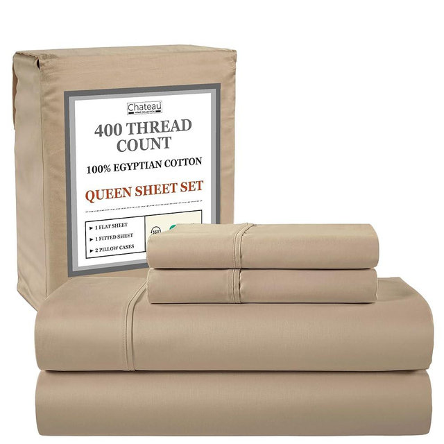 100% Cotton Sheets Queen Size Set, 400 Thread Count 15" Deep Pocket Queen Sheet Set, Luxury Sateen Weave Naturally Cool Soft Breathable Elasticated Luxury Bedding For All Seasons- Taupe