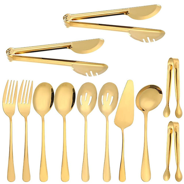 12Pcs Gold Serving Utensils Set, Stainless Steel Serving Utensils Set includes Serving Spoon, Serving Solted Spoons, Fork, Sugar Tongs, Food Tongs, Cake Spatula, Soup Spoon for Parties, Buffet