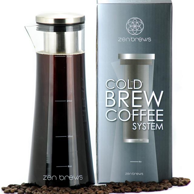 Zen Brews Cold Brew Coffee System | Make Delicious Low Acidity - High Caffeine Cold Brew Coffee at Home | eBook with 40 Recipes | Elegant 32oz Glass Carafe with Stainless Steel Filter and Extra Gasket