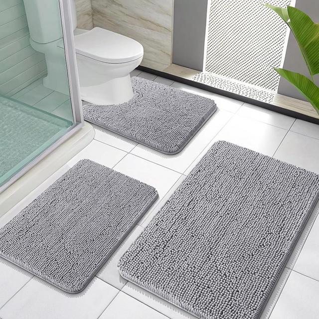 OLANLY Bathroom Rugs Sets 3 Piece, Soft Absorbent Chenille Bath Mats and U-Shaped Contour Toilet Rug, Non-Slip, Quick Dry Carpet, Home Decor Accessories, Bath Mat Set for Bathroom, Grey