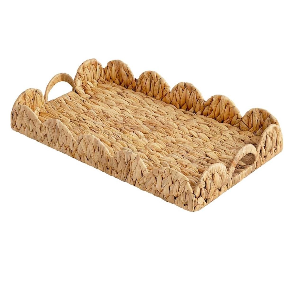 StorageWorks Rectangle Wicker Scalloped Tray, Rattan Serving Trays with Handles, Water Hyacinth Basket for Decorative & Organizing, 19.75" L x 11.75" W x 2.75" H