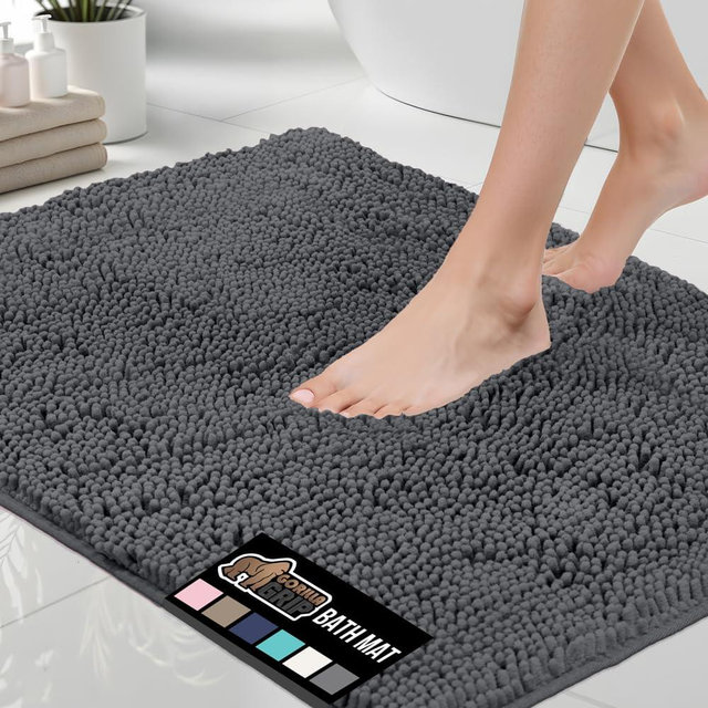 GORILLA GRIP Bath Rug Mat 48x17, Soft Absorbent Chenille, Quick Dry Microfiber Mats, Rubber Backing Washable Shower Floor Rugs, Bathmat Runner, US Designed Bathroom Home Decor Accessories Charcoal