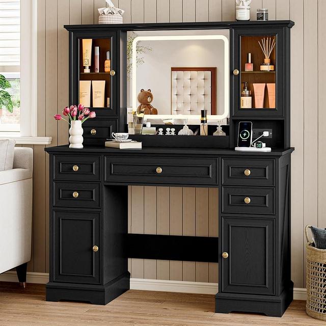 BORNOON Vanity Desk with Lights, Large LED Mirror with 3 Color Modes, Makeup Vanity with Power Outlet & USB Ports, 6 Drawers & 2 RGB Glass Cabinets, Farmhouse Dressing Table for Women & Girls (Black)