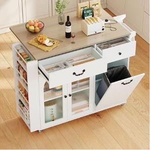 Kitchen Island with Trash Can Storage, Rolling Kitchen Island on Wheels