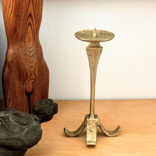 Vintage Hammered Brass Brutalist Candle Holder, Mid Century Decor