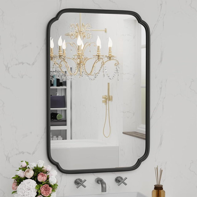 Ferytange Black Bathroom Vanity Mirrors for Over Sink 24" x 36" Modern Rounded Corner Rectangle Mirror with Non-Rusting Iron Metal Framed Wall Mounted Decorative Mirror (Horizontal/Vertical)