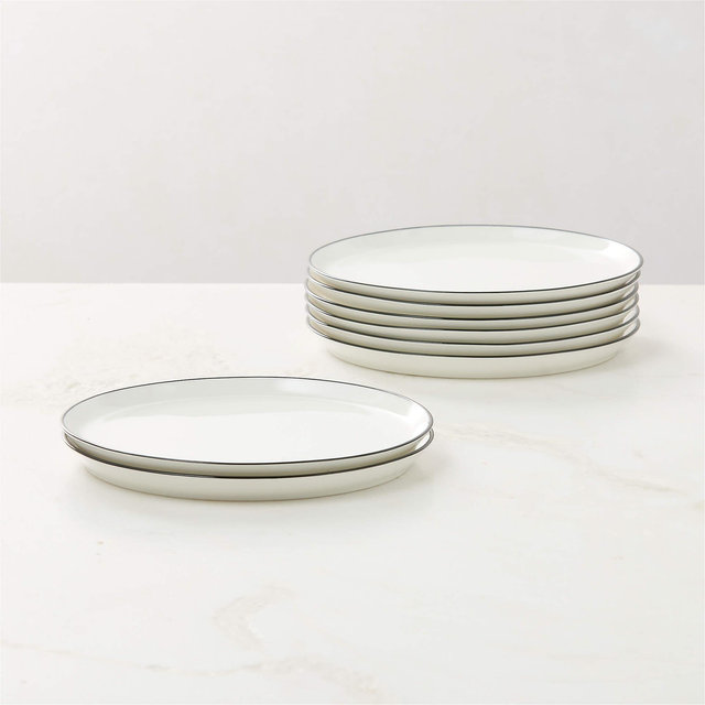 Contact White Ceramic Salad Plates Black Rim Set of 8