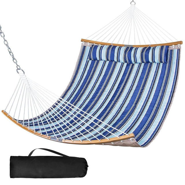 SUNCREAT Portable Hammock with Carrying Bag, 2 Person Hammock with Curved Spreader Bar, Blue Stripes