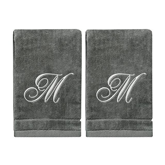 Monogrammed Towels Fingertip, Personalized Gift, 11 x 18 Inches - Set of 2- Silver Embroidered Towel - Extra Absorbent 100% Cotton- Soft Velour Finish - for Bathroom/ Kitchen/ Spa- Initial M (Gray)