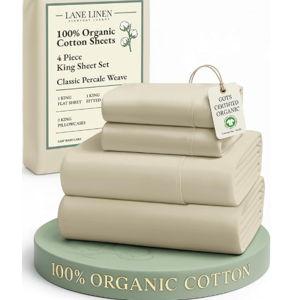 LANE LINEN 100% Organic Cotton Bed Sheets King Size, Fully Elasticized Reinforsed Seams in Fitted Pocket, Machine Washable Naturally Cooling All Season King Sheet Deep Pocket Bedding- Linen