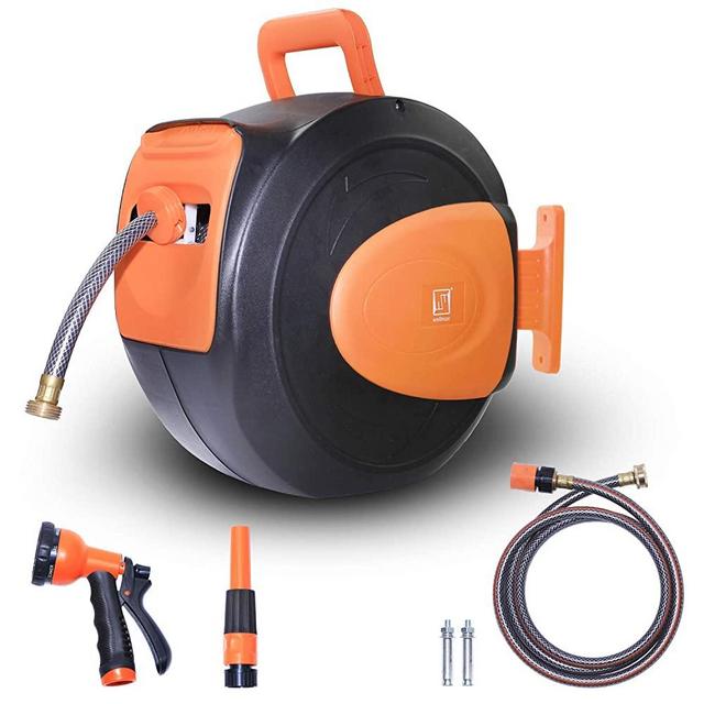 Wellmax Retractable Water Hose Reel with Wall Mount, Flexible Garden Hoses Expandable Up to 65ft + 7ft Hose Connector, Kink Free and Convenient Storage