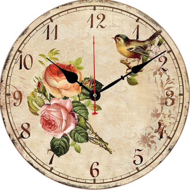 BERYART 14 Inch Silent Non-Ticking Wall Clock, Big Arabic Numerals Wall Clocks, Wooden Round Clock, Battery Operated Home Decor Hanging Clocks, Bird on Flower Pattern Clock …
