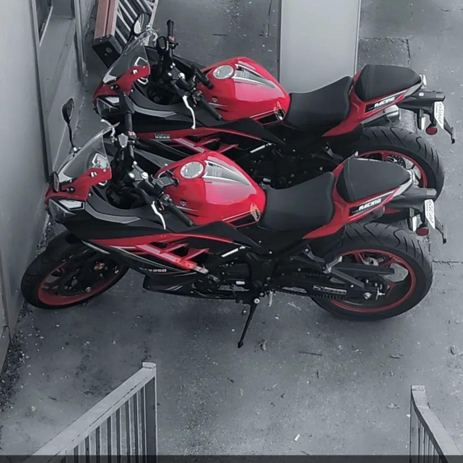 Our first bikes, matching, parked together at his apartment. ❤️