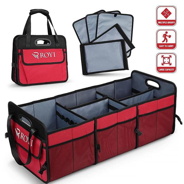 Upgraded Car Trunk Organizer Collapsible Portable Cargo Storage with Tools Grips 3 Large Compartments and Upgraded Handle Trunk Organizer Compatible with SUV Car Truck Auto